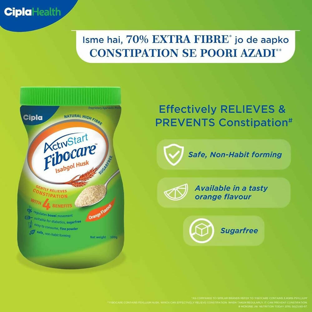 Cipla Fibocare Isabgol Husk Powder | Sugar Free - Orange Flavor - Swadesiicart