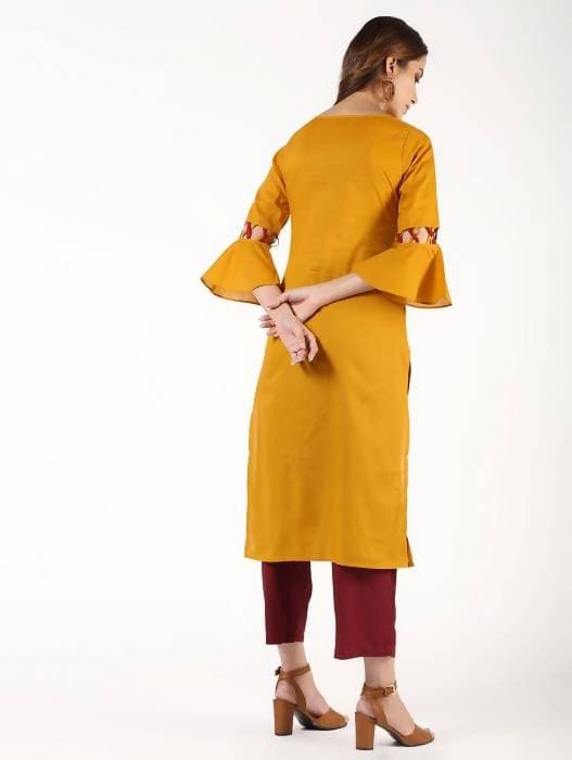 Aniyah Cotton Criss Cross Bell Sleeves Straight Mustard Color Kurta (AN-146K) - Swadesiicart