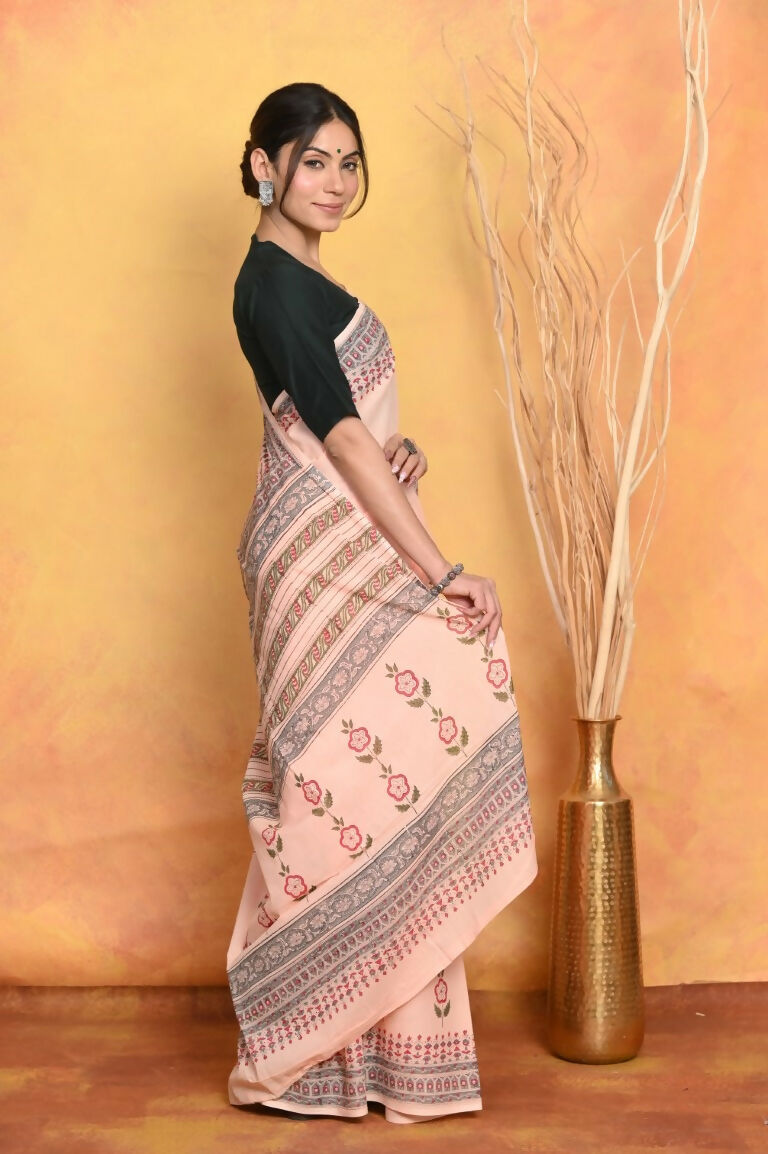 Very Much Indian Handblock Printed Cotton Saree With Natural Dyes - Peach | Swadesiicart