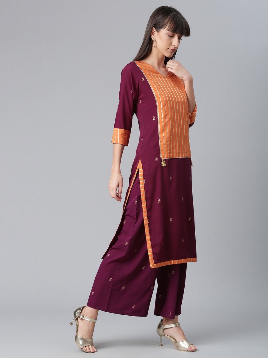 Ahalyaa Wine Crepe Solid Kurta Palazzo Set With Printed Dupatta | Swadesiicart