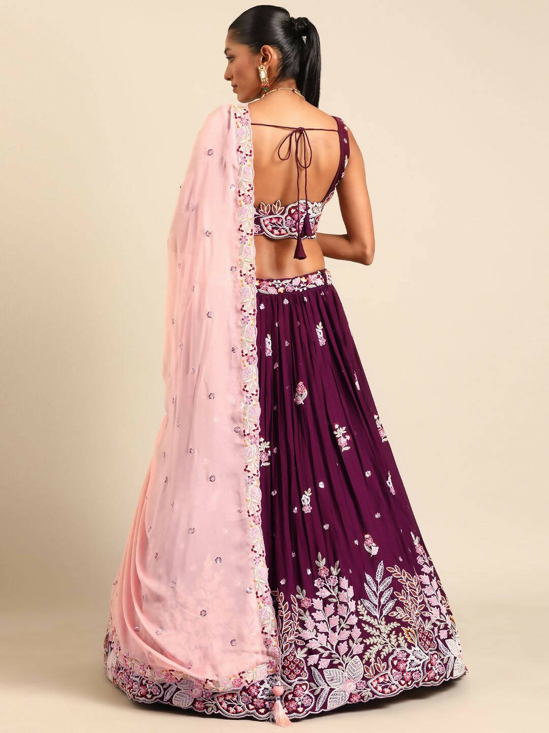 House of Panchhi Burgundy Georgette Sequins and thread embroidery Lehenga choli & Dupatta | Swadesiicart
