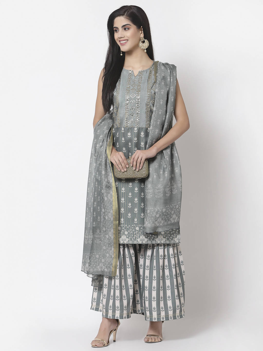 Myshka Women Grey Cotton Blend Printed Sleeveless Round Neck Kurta With Sharara & Dupatta Set | Swadesiicart