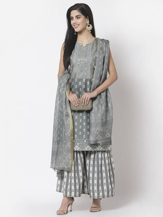 Myshka Women Grey Cotton Blend Printed Sleeveless Round Neck Kurta With Sharara & Dupatta Set | Swadesiicart