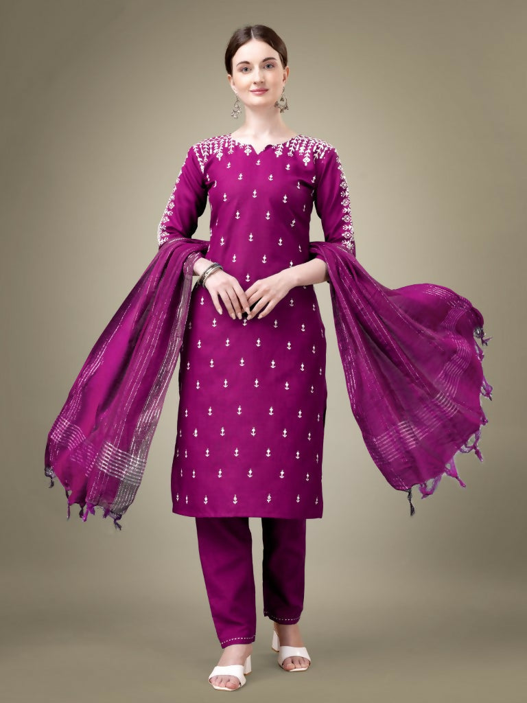 Jyoti Fashion Women's Purple Cotton Blend Embroidery & Sequence work Kurta with Trouser & Dupatta | Swadesiicart