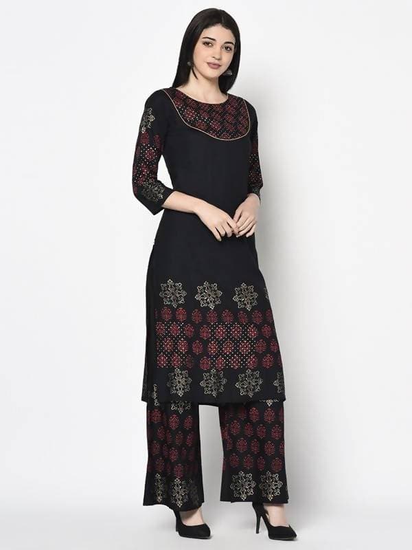 Aniyah Rayon Black Color Block Print Straight Kurta (AN-190K) - Swadesiicart