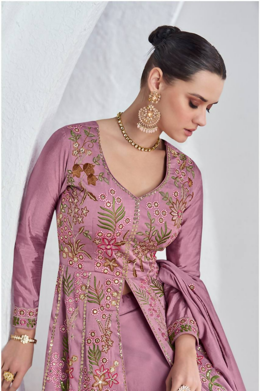 Lorenvalley Fashion Pink Viscose Silk Embroidery Work Gown Skirt Stitched | Swadesiicart