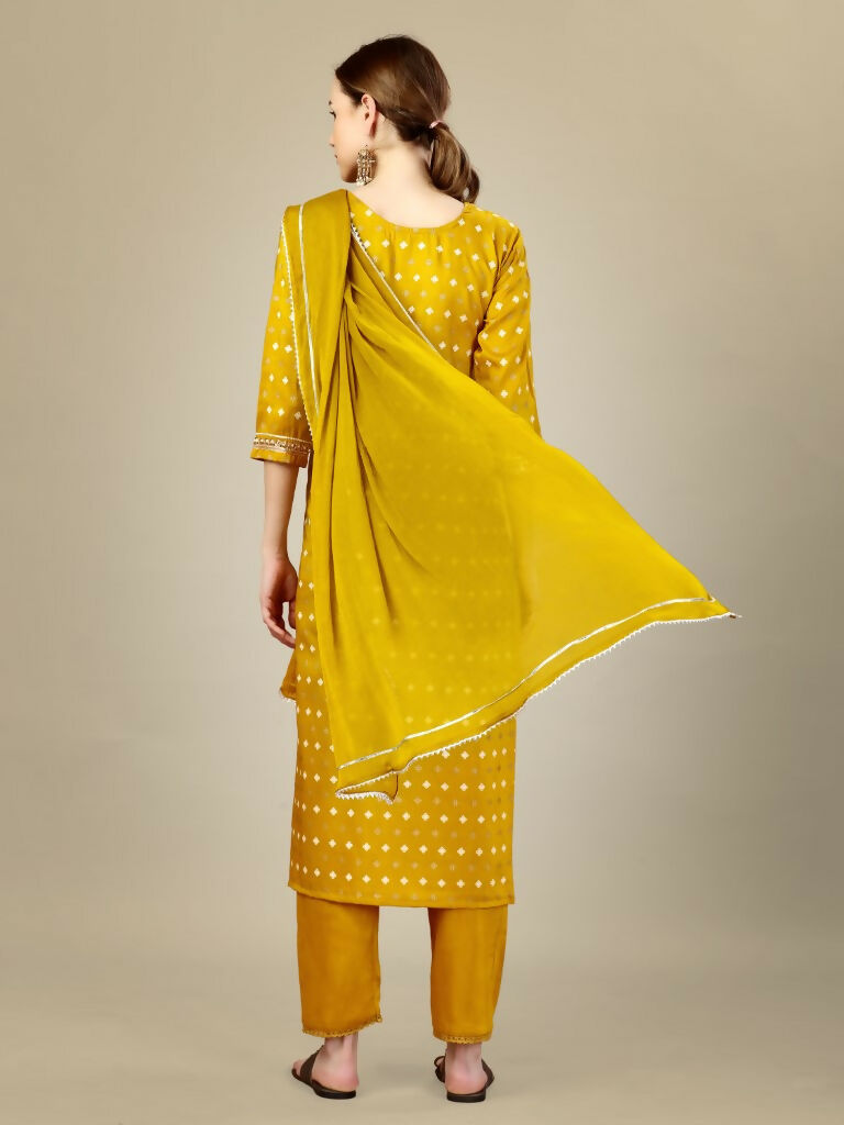Jyoti Fashion Women's Golden Silk Blend Embroidery & Sequence work Kurta with Trouser & Dupatta | Swadesiicart