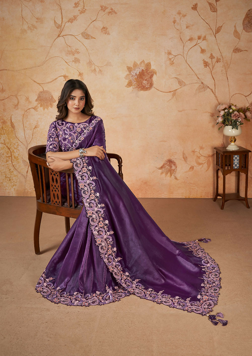 Purple Banarasi Crush Silk Thread, Sequence, Cord Embroidered with Stone & Moti Work Saree - Mohmanthan Dakshika | Swadesiicart