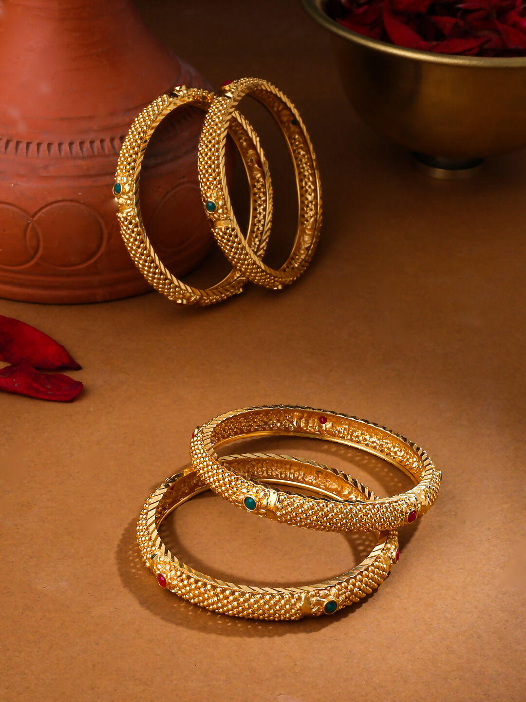 NVR Women's Set of 2 Gold-Polished Traditional Bangles - Swadesiicart
