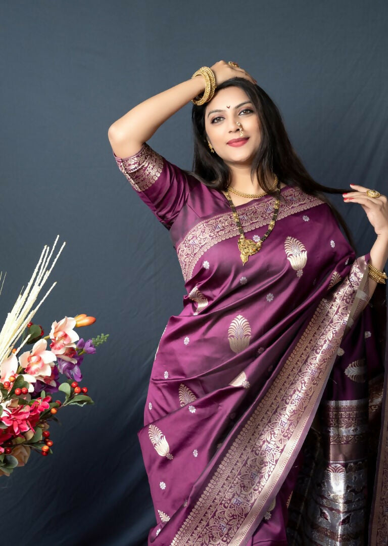 Jyoti Fashion Women's Wine Paithani Silk Zari Woven Saree with Blouse | Swadesiicart