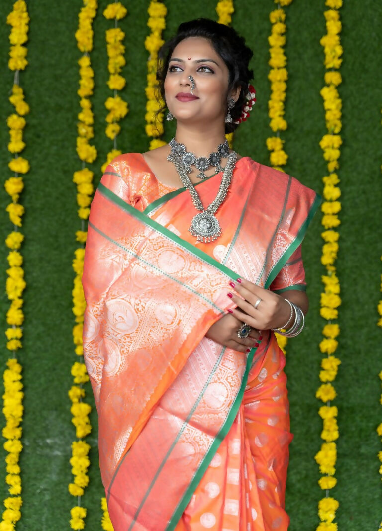 Jyoti Fashion Women's Peach Soft Handloom Silk Zari Woven Saree with Blouse | Swadesiicart