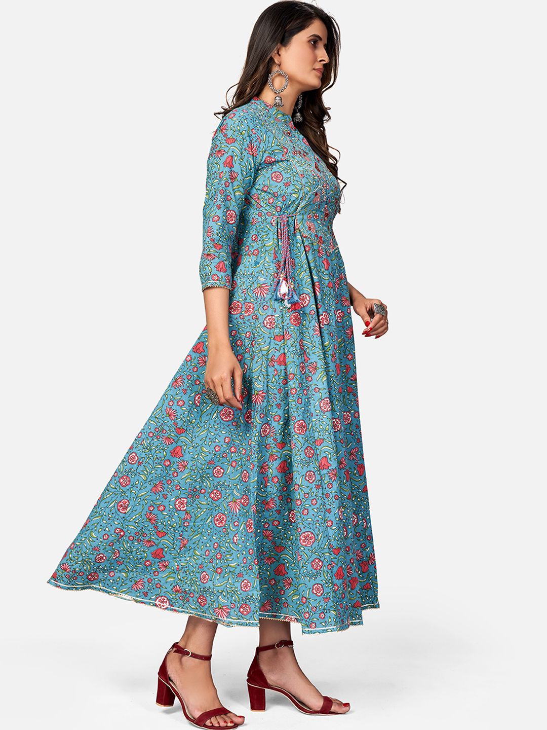 NOZ2TOZ Women's Printed & Embroidered Anarkali Cotton Turquoise Kurta (1Pc) - Swadesiicart