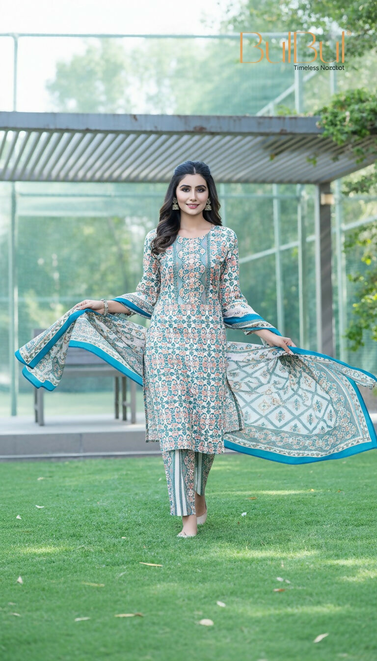 BulBul Fashionista Green-Blue Cotton Kurta Set with Dupatta - Swadesiicart