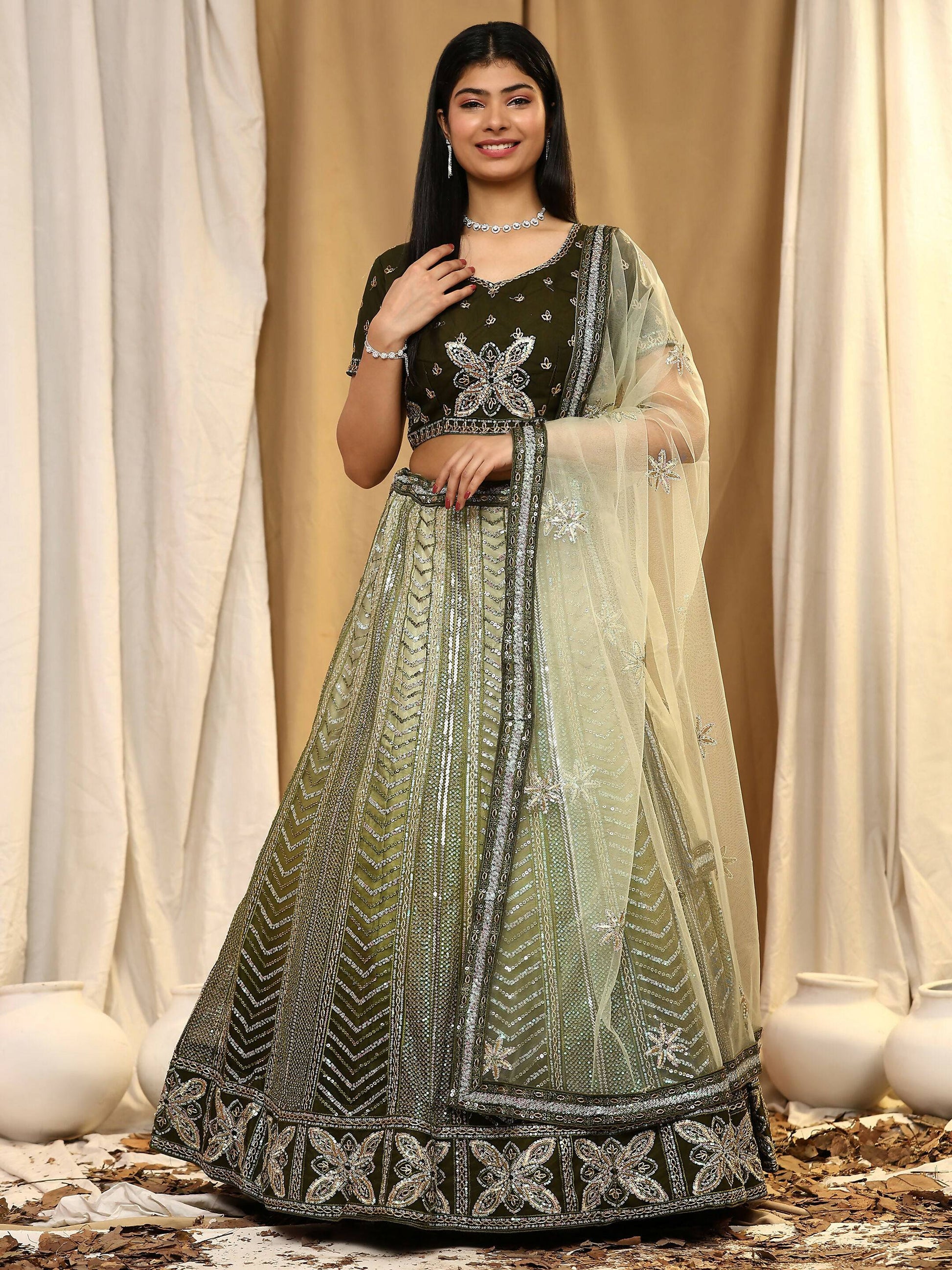 Green Fancy Net Sequence Embroidered Lehenga Choli with Dupatta - Dhara | Swadesiicart