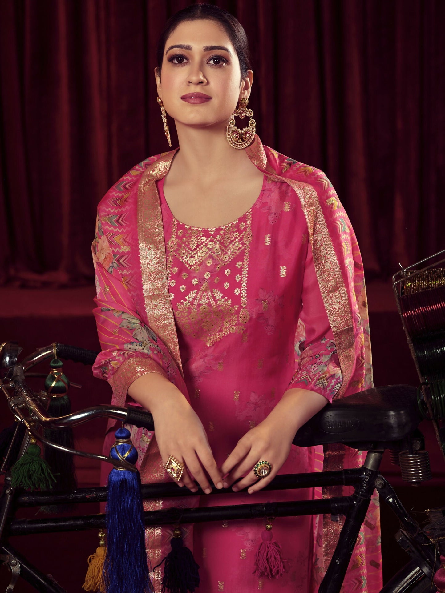 Jyoti Fashion Women's Magenta Organza Jacquard Woven Kurta with Trouser & Dupatta | Swadesiicart