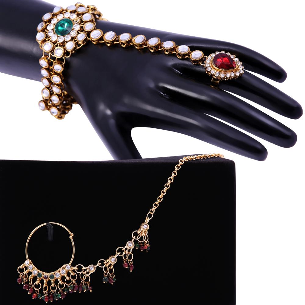 Gold-Polished Alloy Nath And Hathphool Combo - The Pari | Swadesiicart