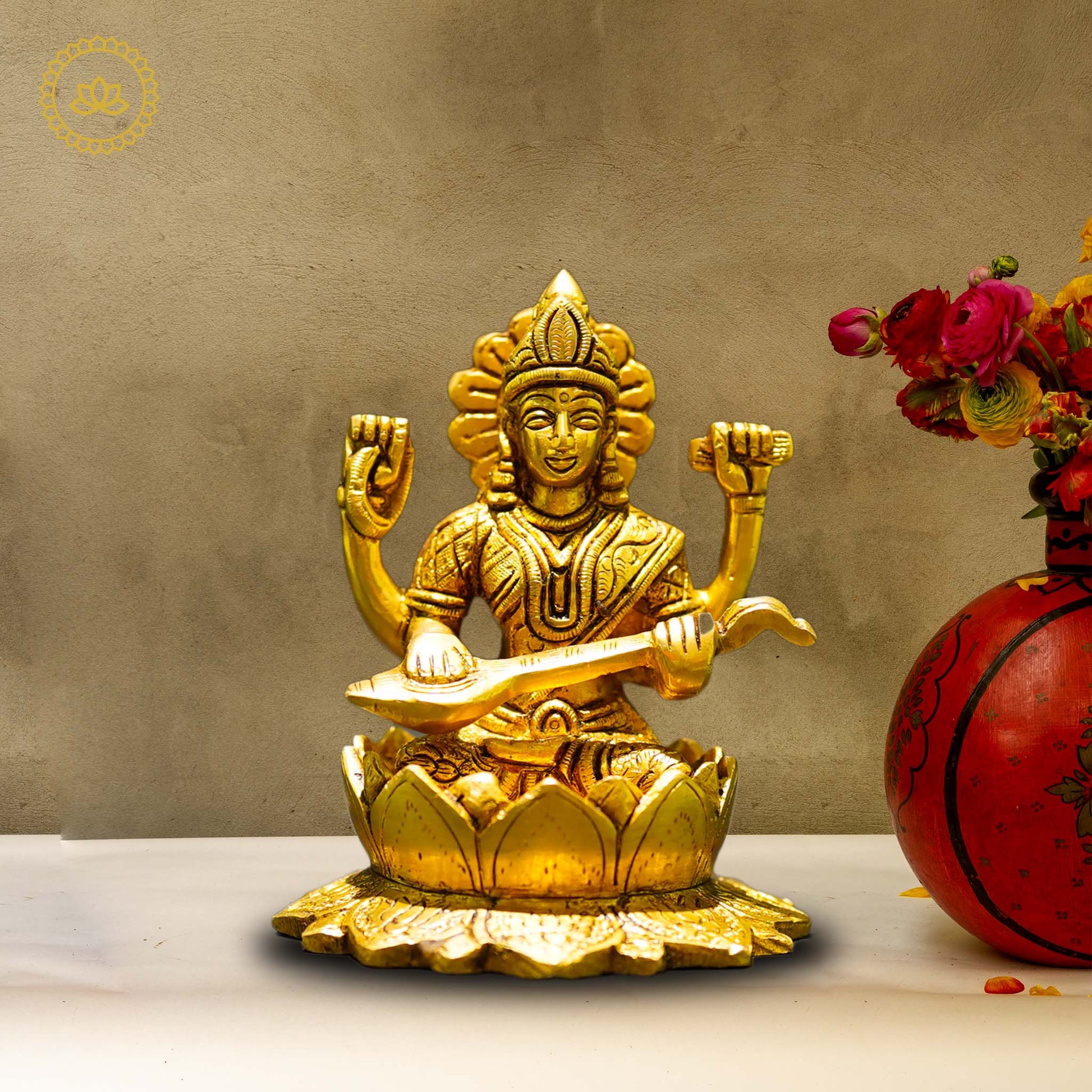 Brass Saraswati Idol - Embodiment of Knowledge and Artistic Inspiration" - Divine India Art