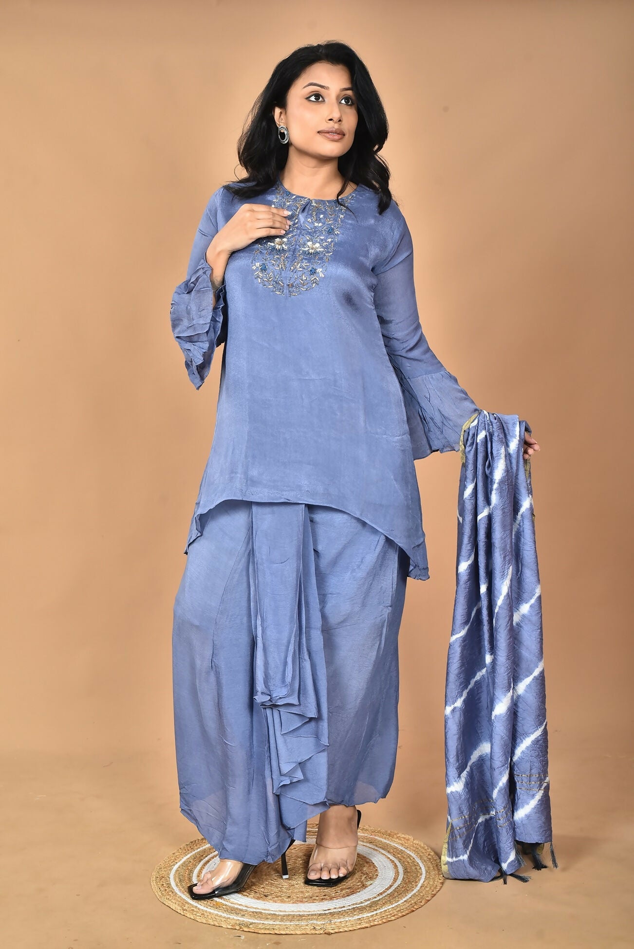 Morchari Women And Hand Embroidery Palazzo Set-Grey - Swadesiicart