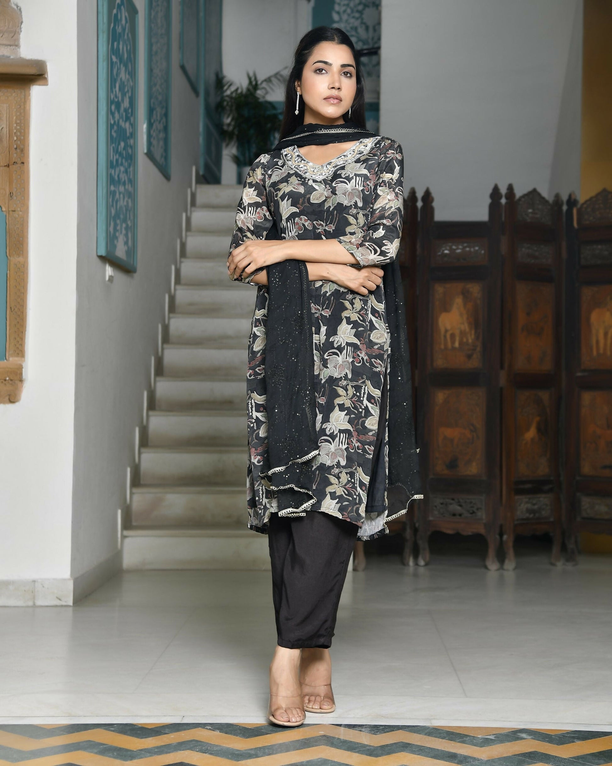 Vaasva Women's Black Crepe Embroidered Suit Set | Swadesiicart