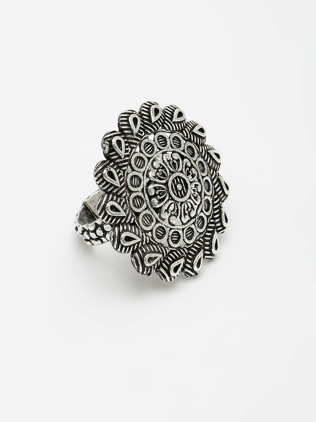 NVR Women's Silver-Toned Floral Shape Adjustable Finger Ring | Swadesiicart