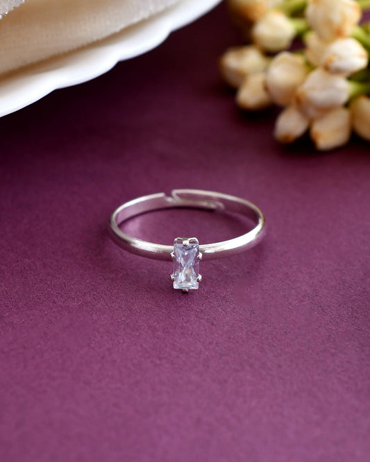 VOJ white CZ-detail Stainless Steel Cubic Zirconia Silver Plated adjustable finger Ring | Swadesiicart