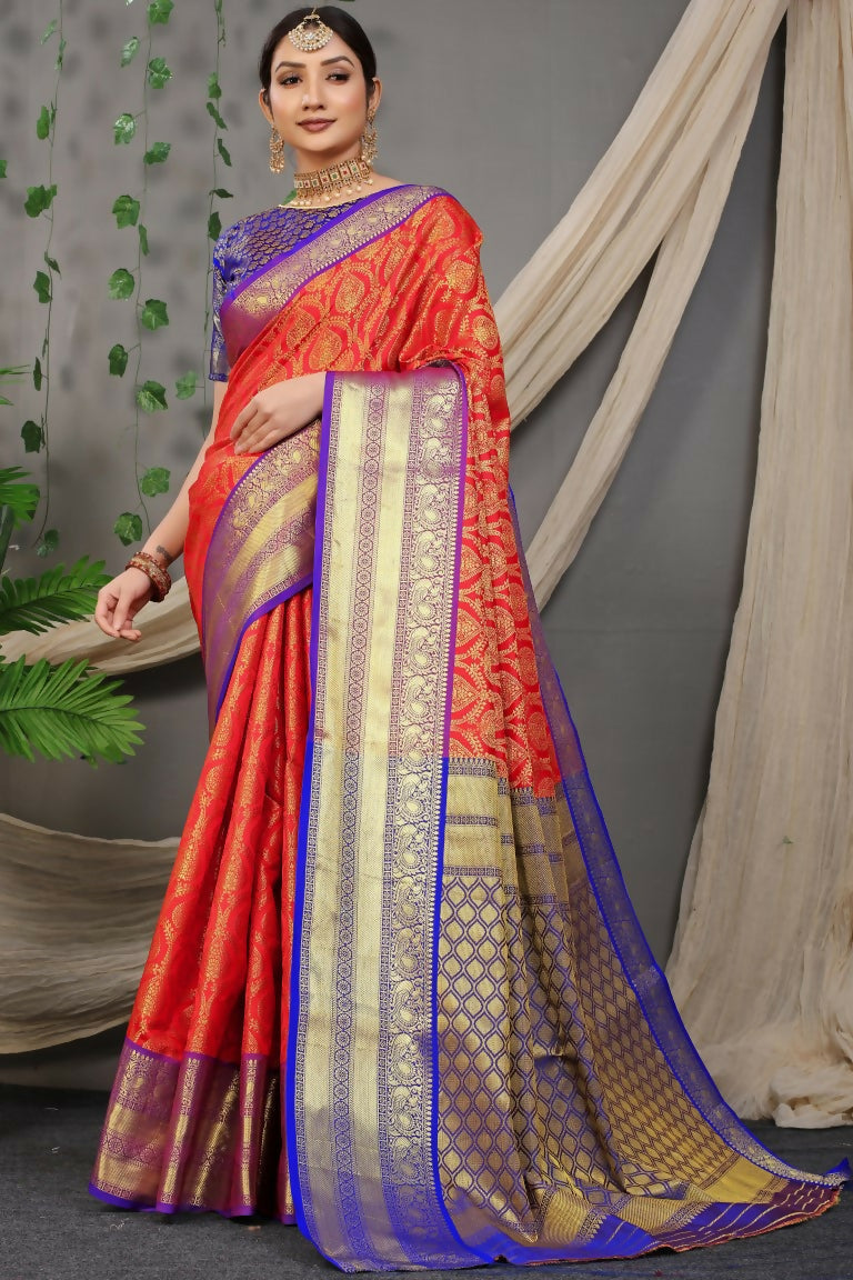 Jyoti Fashion Women's Red Kanjivaram Silk Zari Woven Saree with Blouse | Swadesiicart