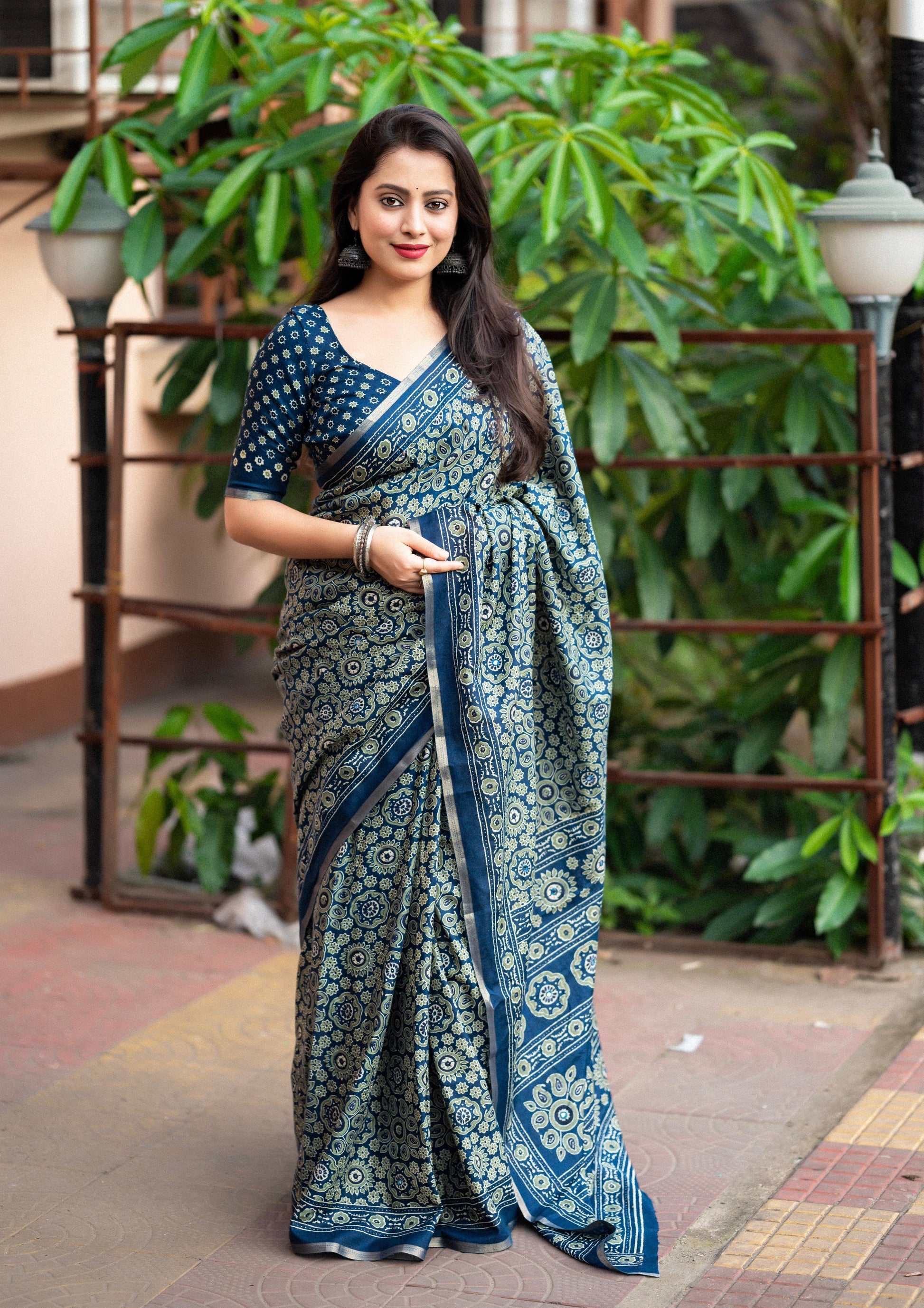 Blue Cotton Blend Ajrak Saree with Unstitched Blouse - Hiral Fashion | Swadesiicart