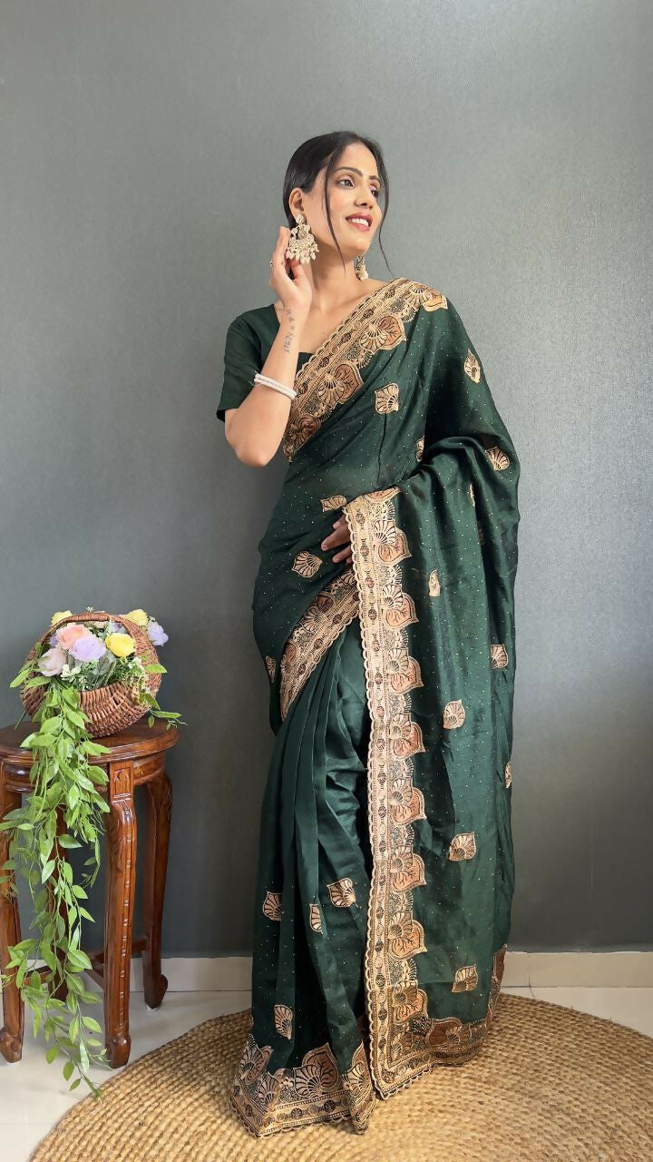 Vastranavya Green Vichitra Silk Zari with Swarovski Work Ready to Wear Saree | Swadesiicart