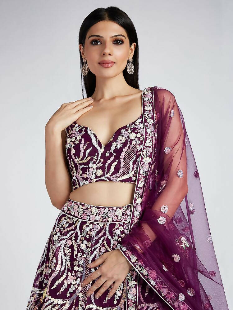 House of Panchhi Burgundy Net Sequins And Thread Embroidery Lehenga Choli & Dupatta | Swadesiicart