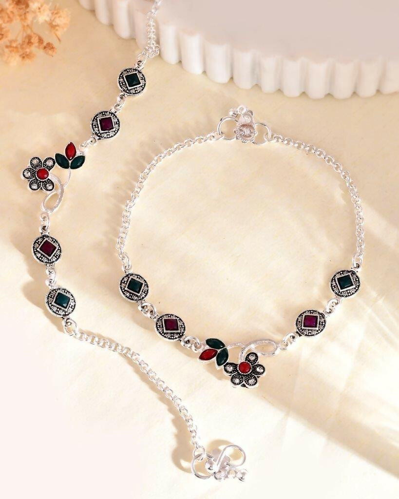 VOJ Set of 2 Traditional Multi Color Stone Studded Designer Anklet - Swadesiicart