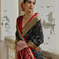 Vishnu Weaves Women's Black Raw Silk Thread Ikkat Woven Saree with Blouse - Swadesiicart