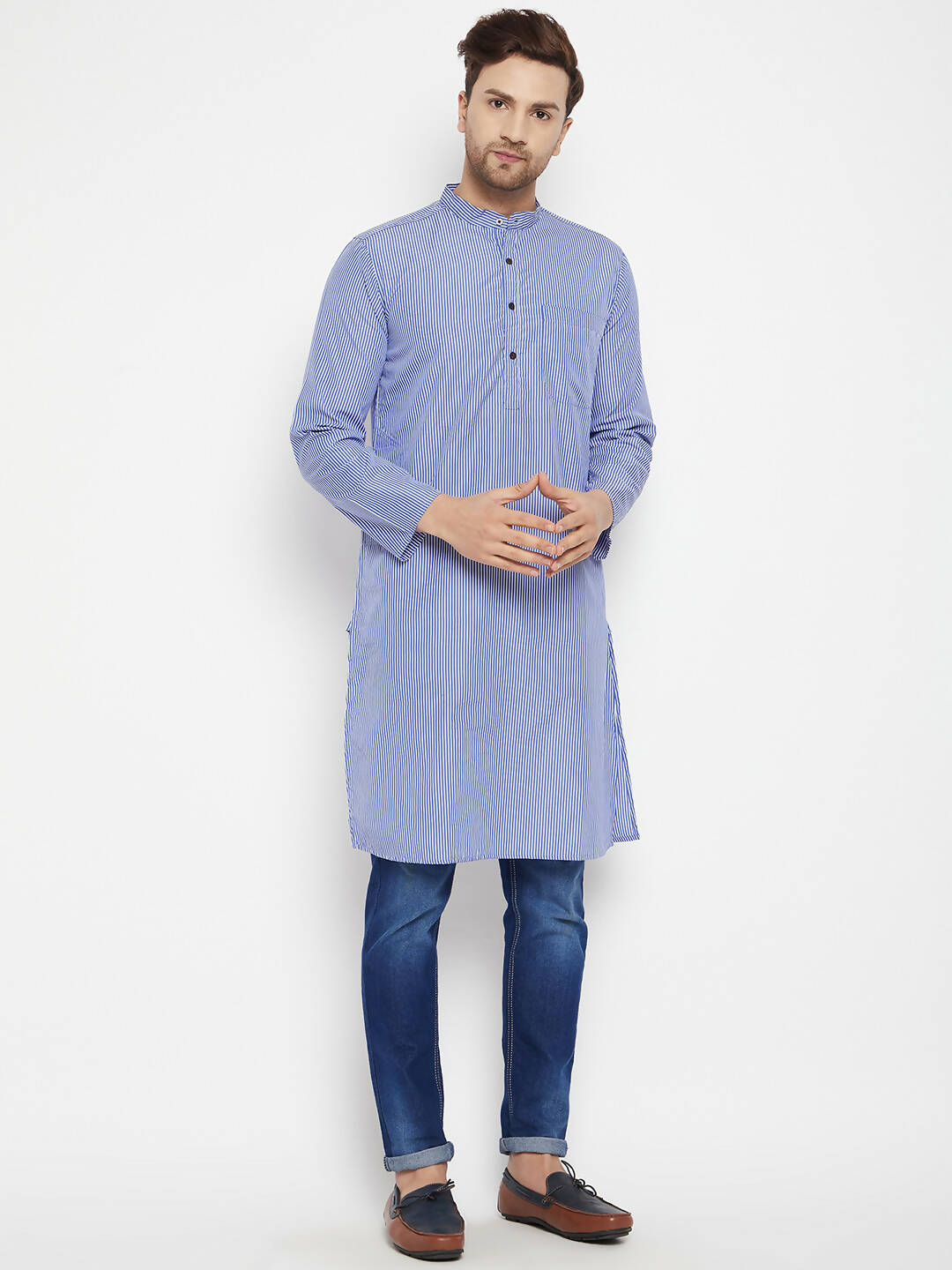 Even Apparels Blue Color Pure Cotton Long Men's Kurta With Band Collar | Swadesiicart