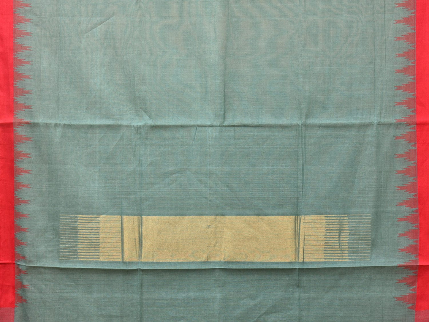 Sea Blue Khadi Cotton Handloom Plain Saree with Temple Border Design - Global Threads | Swadesiicart