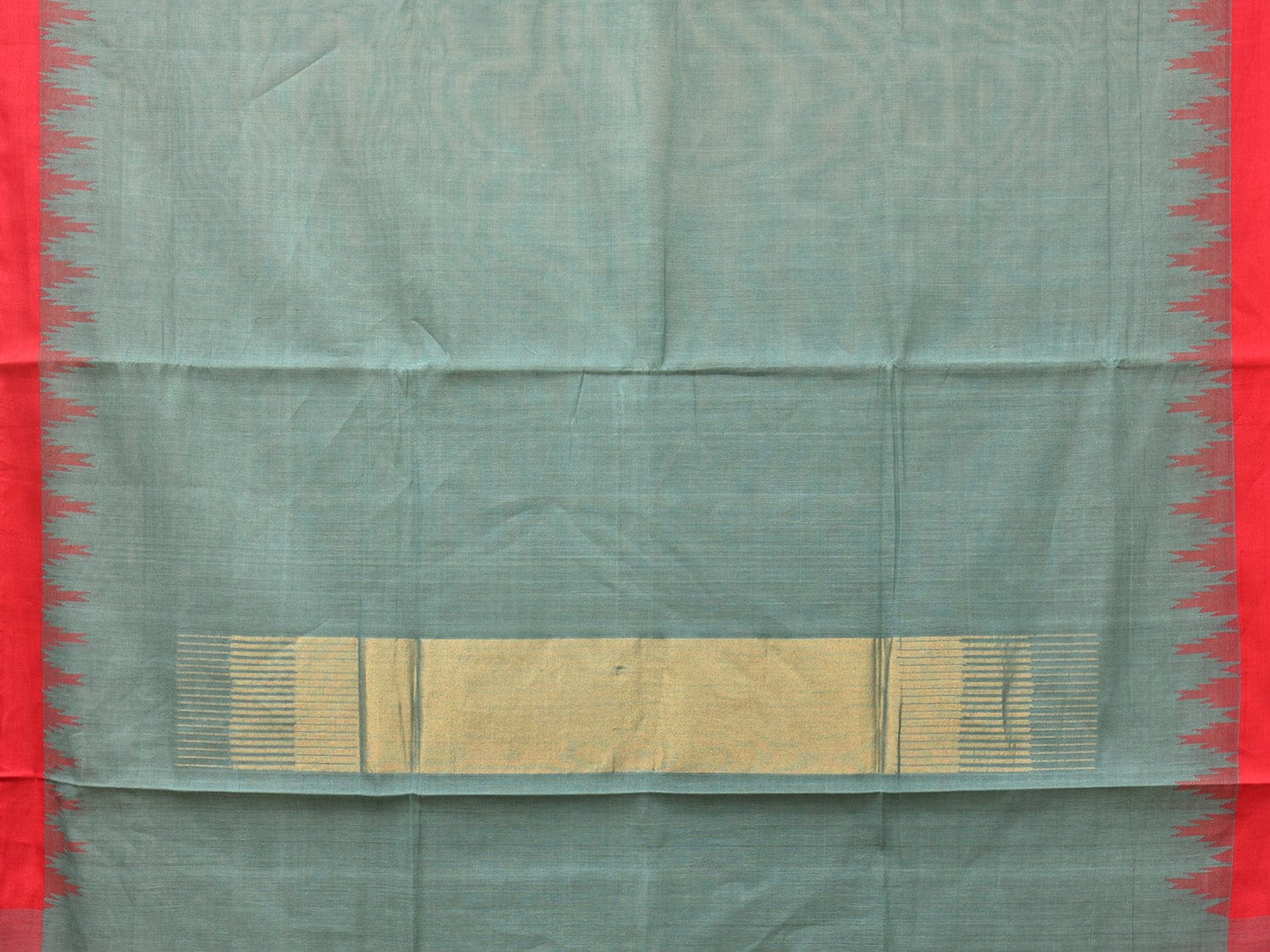 Sea Blue Khadi Cotton Handloom Plain Saree with Temple Border Design - Global Threads | Swadesiicart