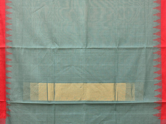 Sea Blue Khadi Cotton Handloom Plain Saree with Temple Border Design - Global Threads | Swadesiicart
