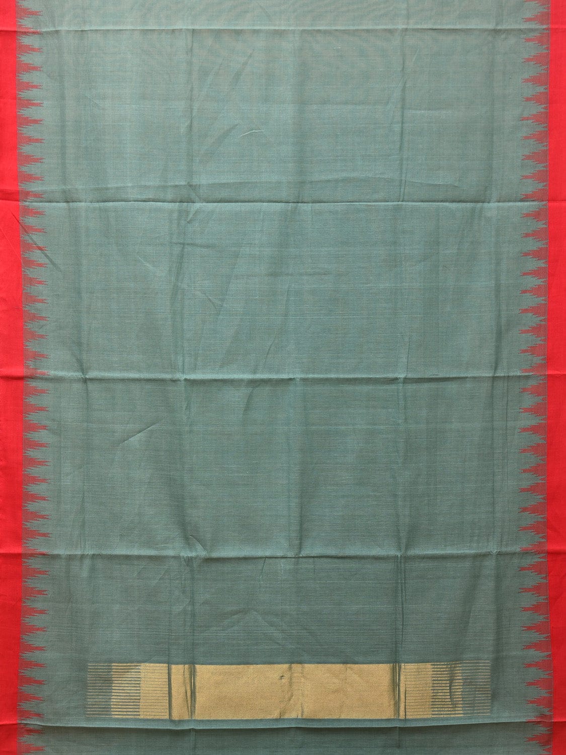 Sea Blue Khadi Cotton Handloom Plain Saree with Temple Border Design - Global Threads | Swadesiicart
