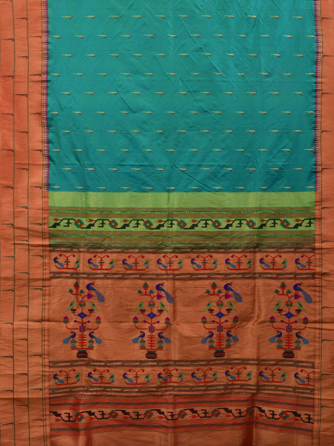 Sea Blue Paithani Silk Handloom Saree with Triple Muniya Border Design - Global Threads | Swadesiicart