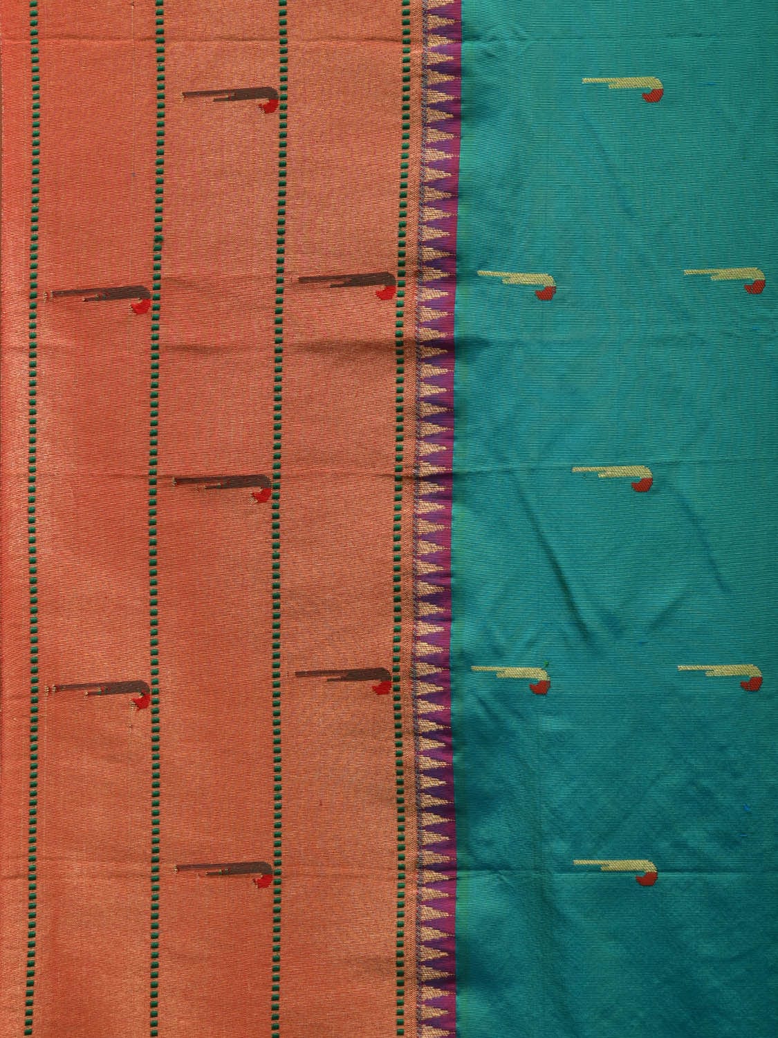 Sea Blue Paithani Silk Handloom Saree with Triple Muniya Border Design - Global Threads | Swadesiicart