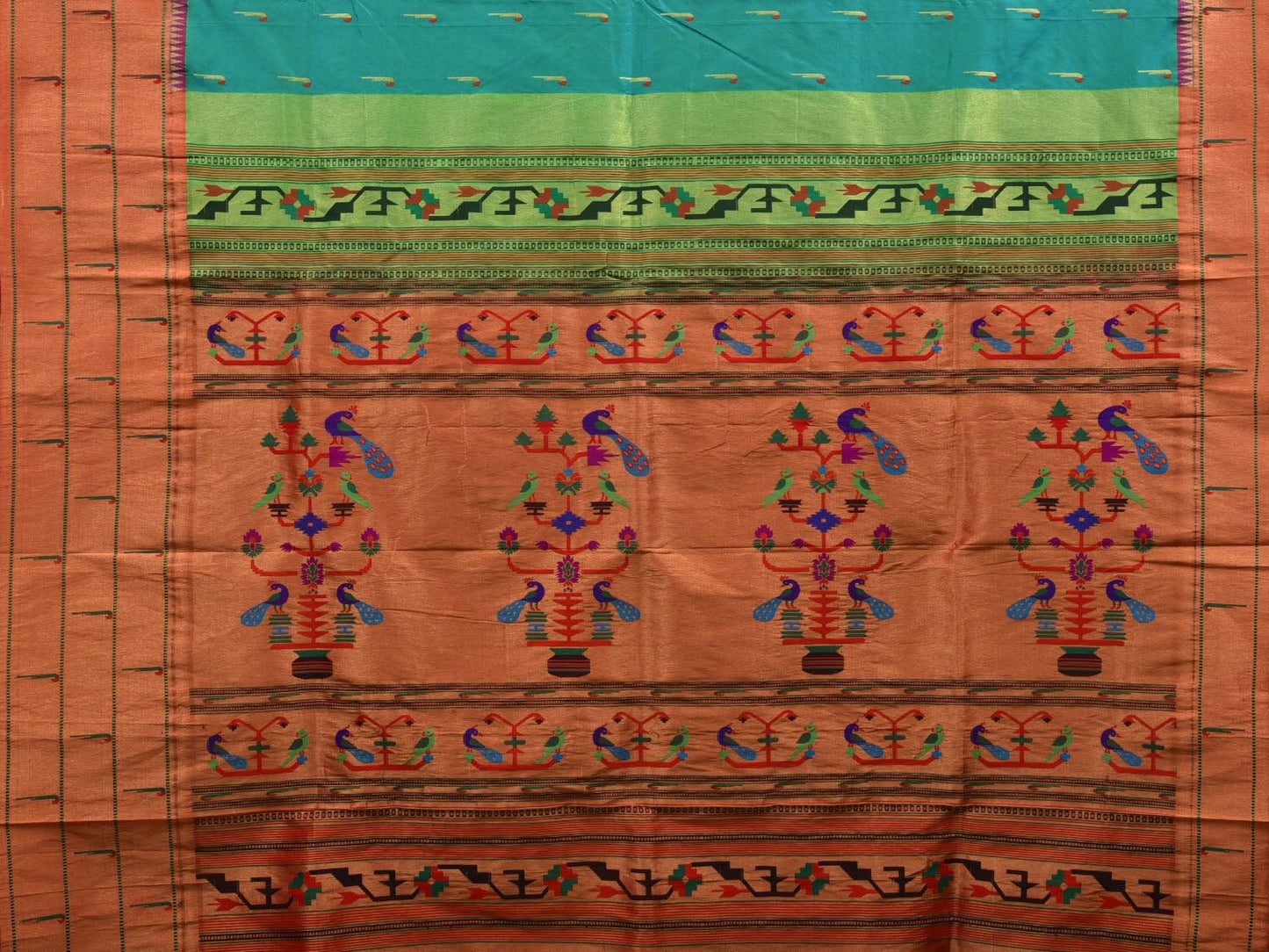 Sea Blue Paithani Silk Handloom Saree with Triple Muniya Border Design - Global Threads | Swadesiicart