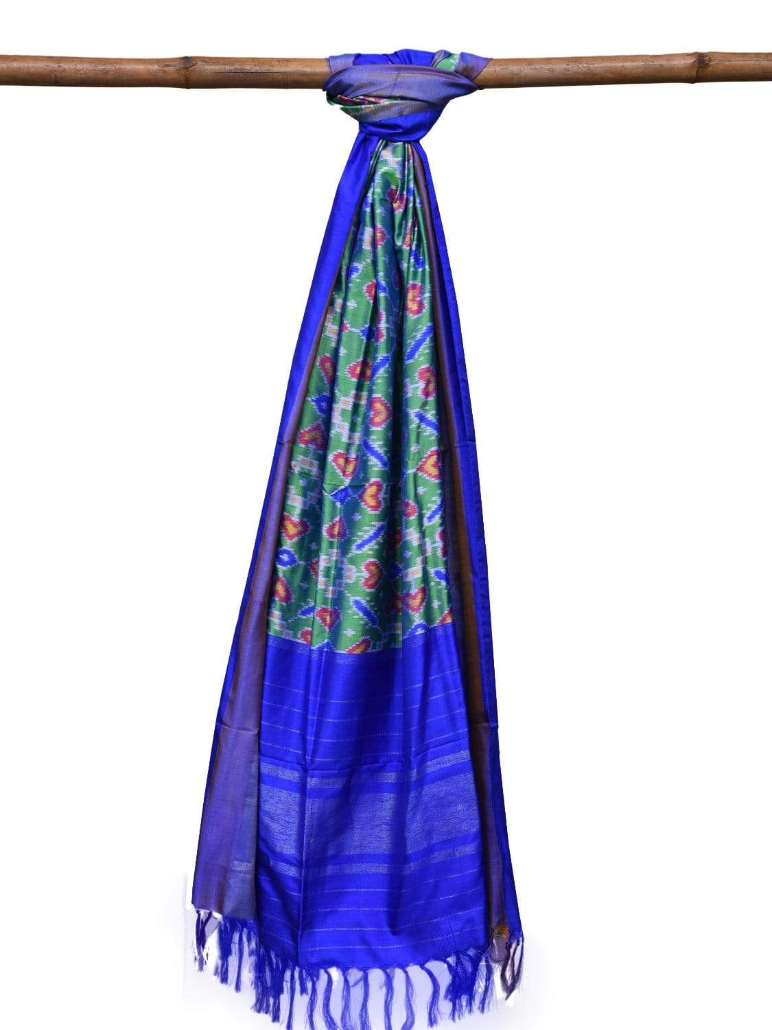 Sea Green and Blue Pochampally Ikat Silk Handloom Dupatta with All Over Design - Global Threads | Swadesiicart