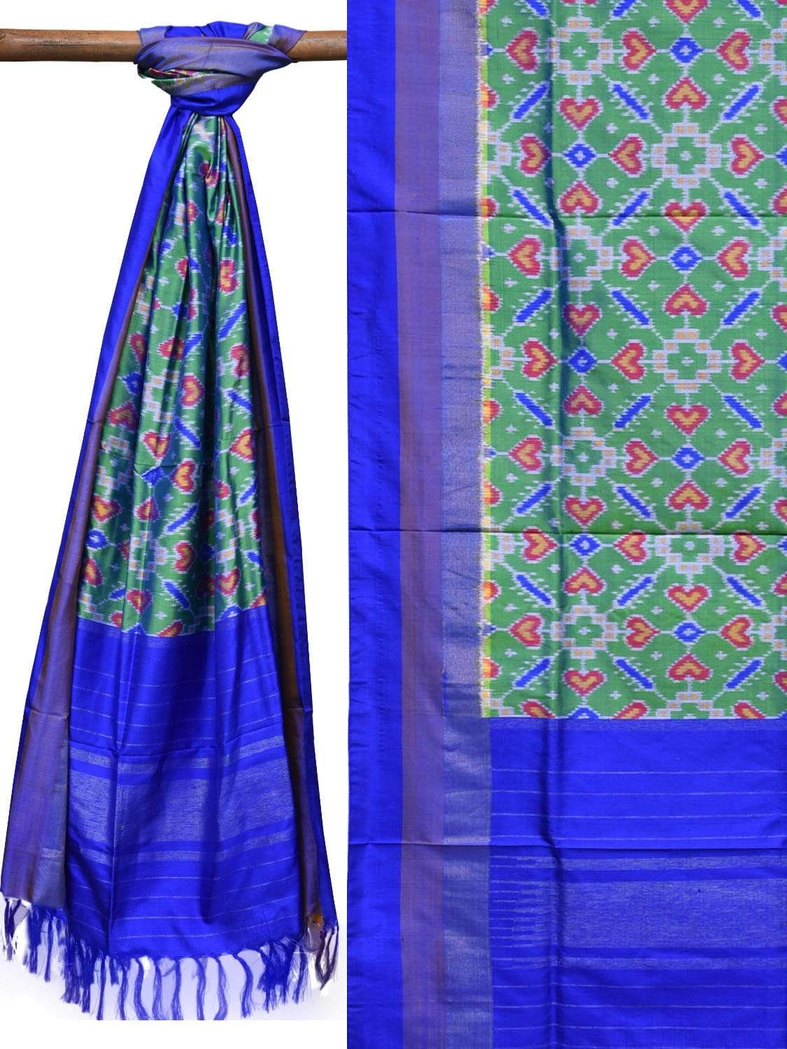 Sea Green and Blue Pochampally Ikat Silk Handloom Dupatta with All Over Design - Global Threads | Swadesiicart