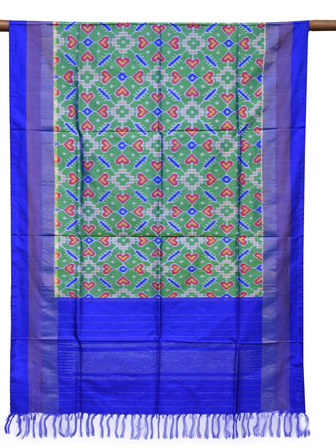 Sea Green and Blue Pochampally Ikat Silk Handloom Dupatta with All Over Design - Global Threads | Swadesiicart
