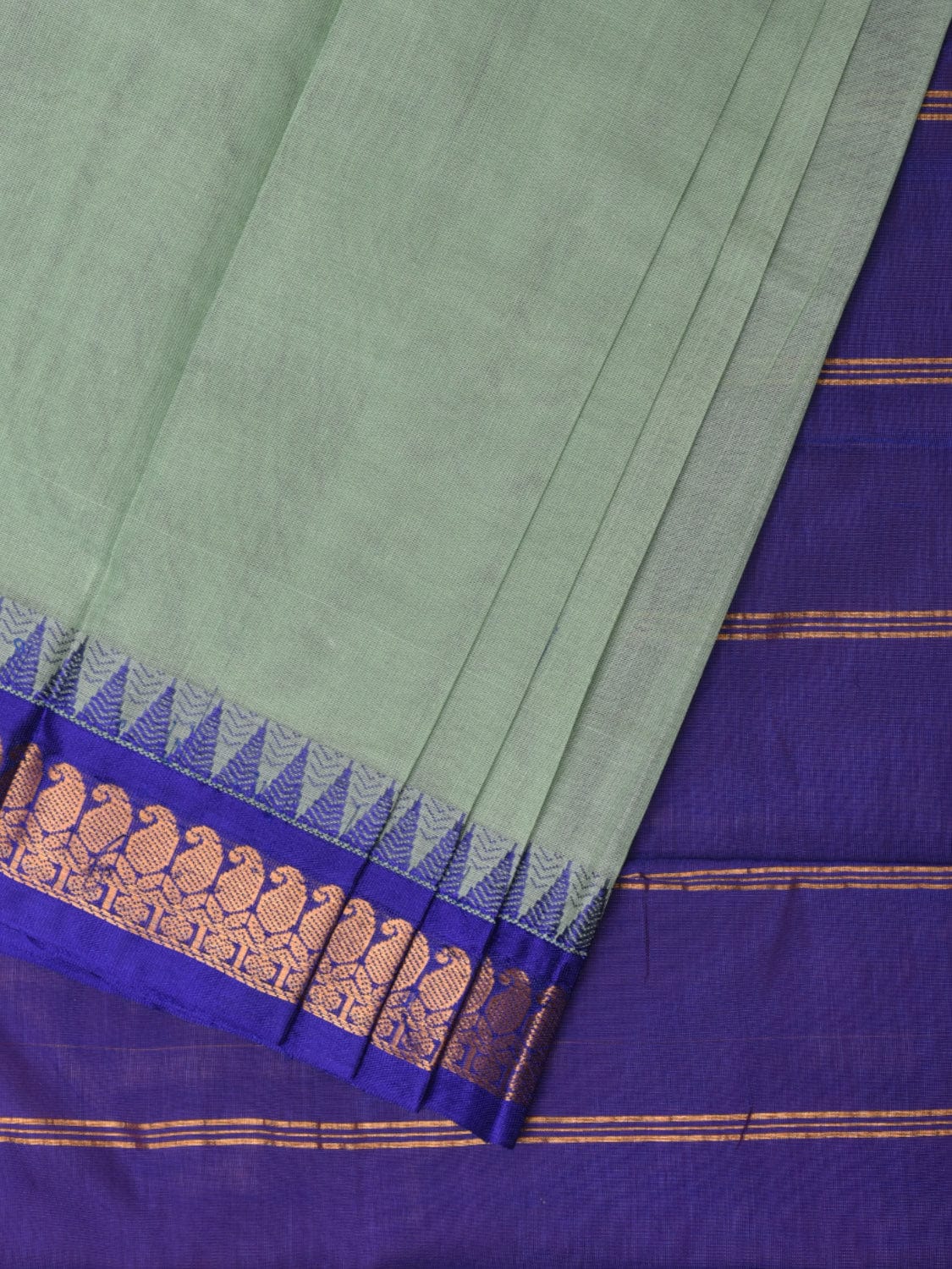 Sea Green and Dark Blue Gadwal Cotton Plain Saree with Small Border Design No Blouse - Global Threads | Swadesiicart