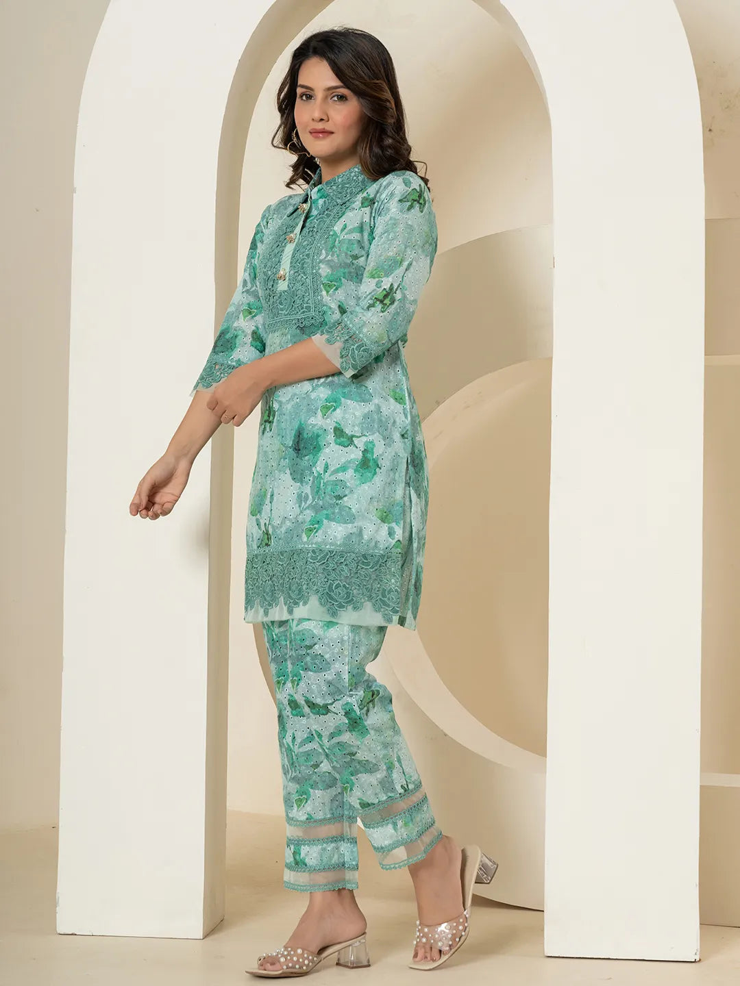 Yufta Sea Green Cotton Schiffli Co-Ord Set With Lace Detailing - Swadesiicart
