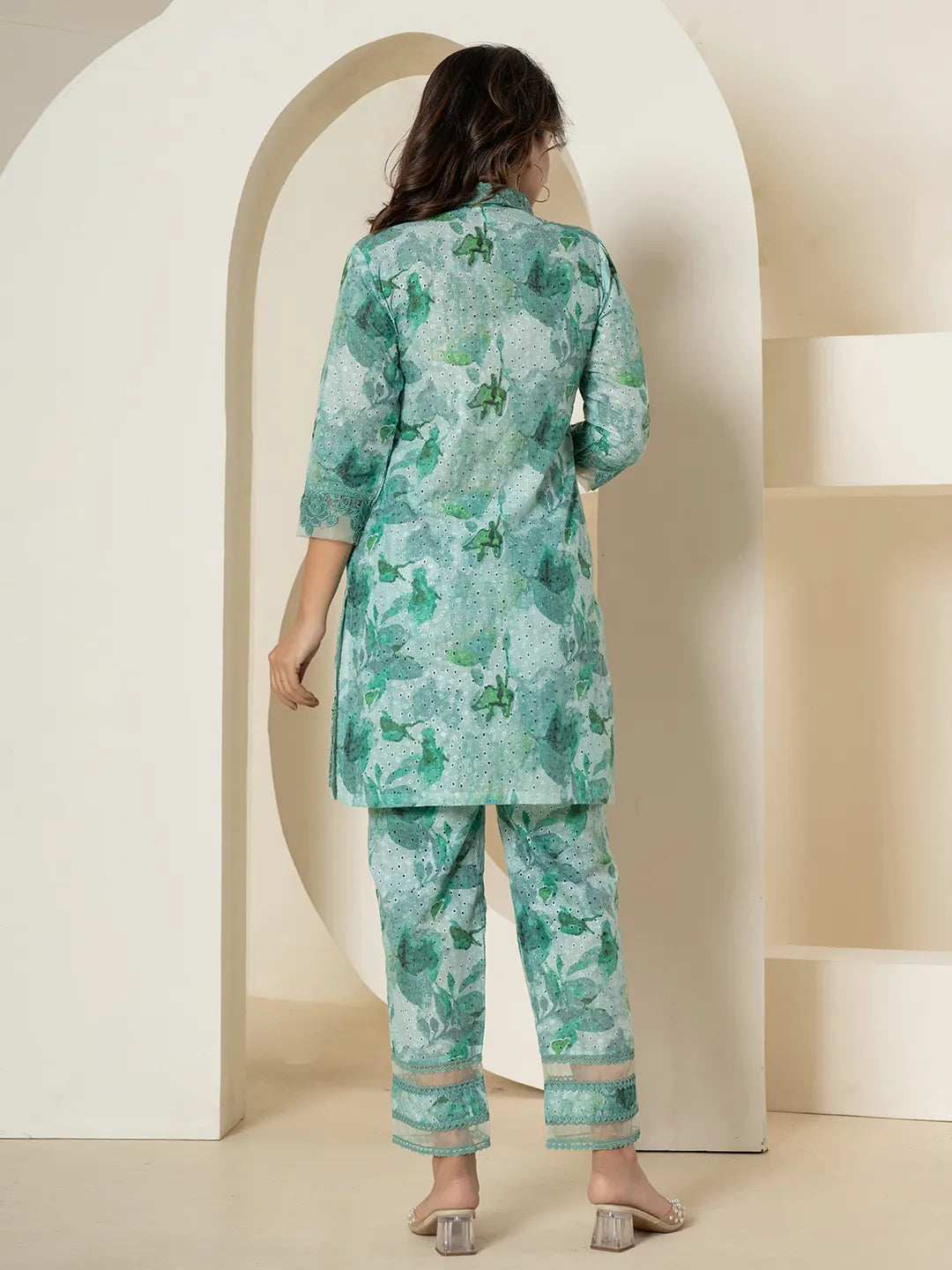 Yufta Sea Green Cotton Schiffli Co-Ord Set With Lace Detailing - Swadesiicart
