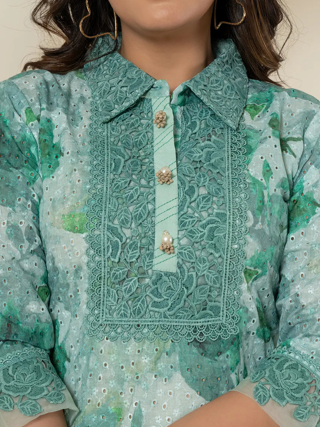 Yufta Sea Green Cotton Schiffli Co-Ord Set With Lace Detailing - Swadesiicart