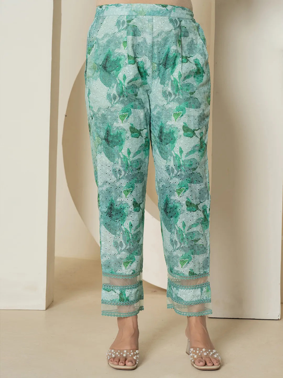 Yufta Sea Green Cotton Schiffli Co-Ord Set With Lace Detailing - Swadesiicart