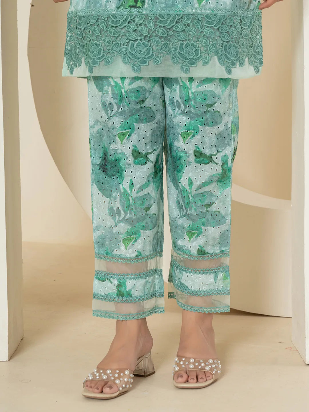 Yufta Sea Green Cotton Schiffli Co-Ord Set With Lace Detailing - Swadesiicart