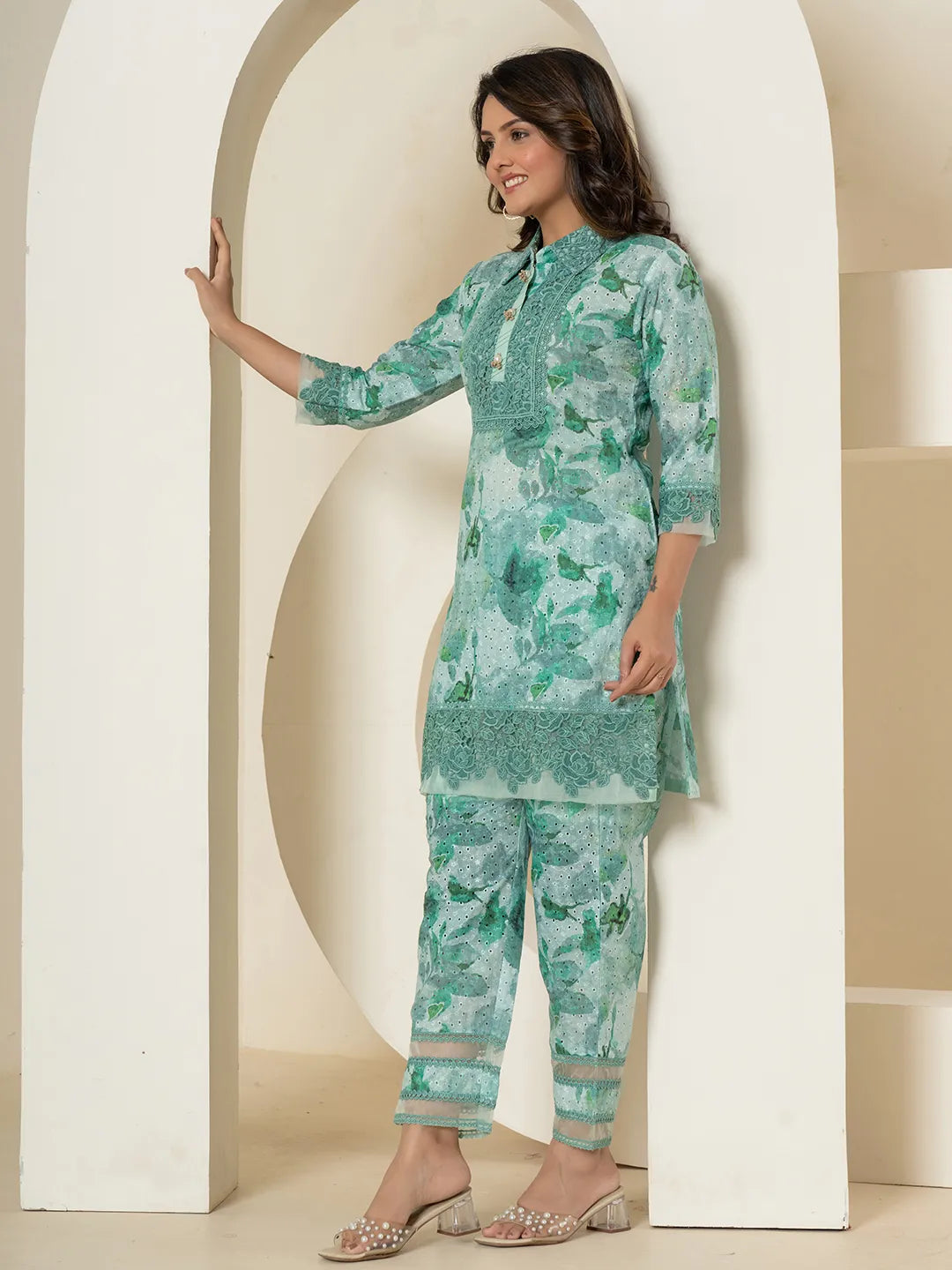 Yufta Sea Green Cotton Schiffli Co-Ord Set With Lace Detailing - Swadesiicart