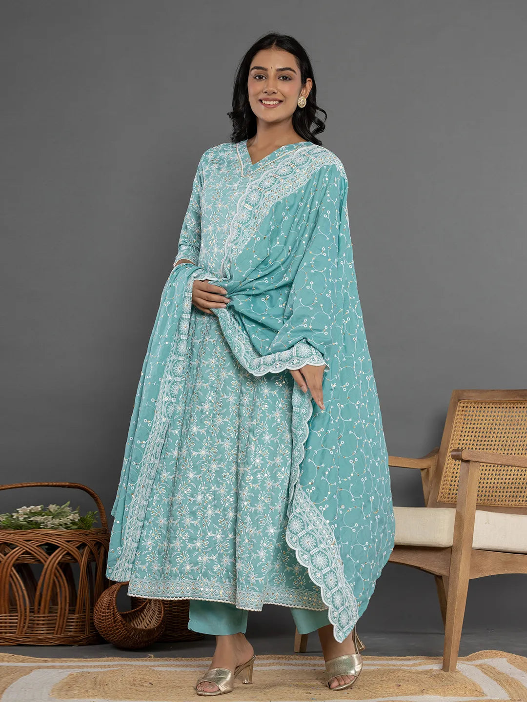 Yufta Sea Green Cotton Silk Embroidered Anarkali Kurta Dupatta Set - Swadesiicart